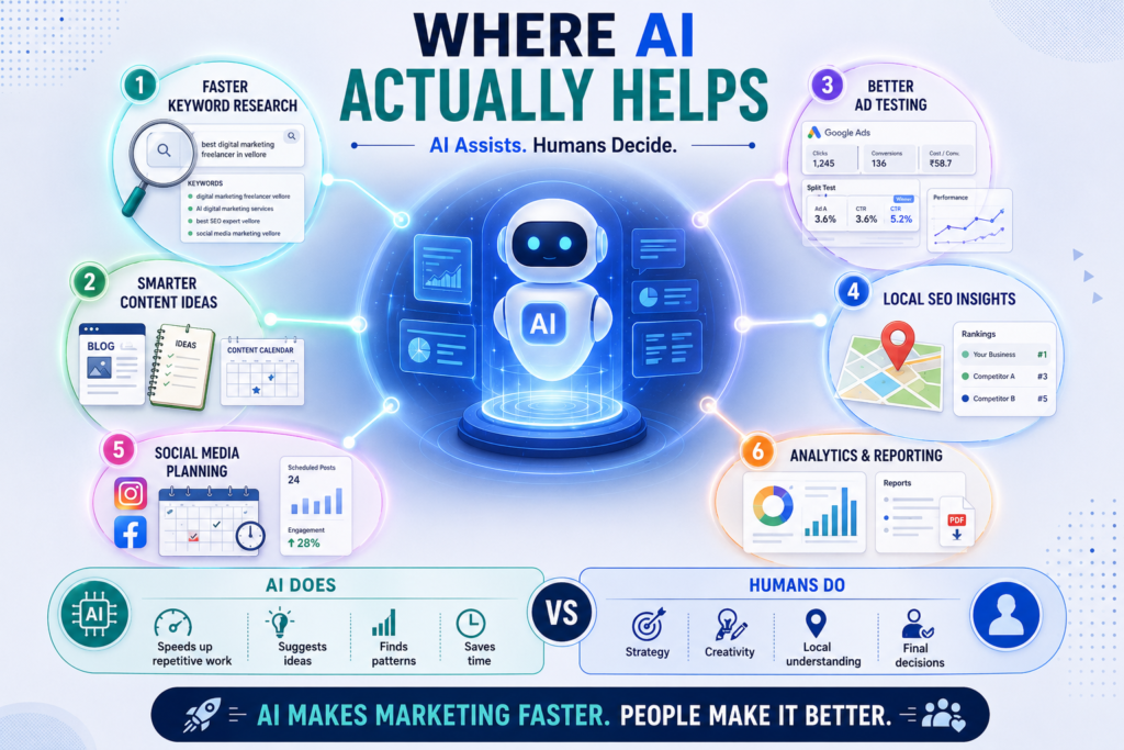 where AI helps vs human judgment in digital marketing for small business