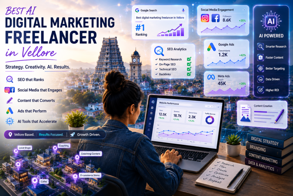 digital marketing freelancer in Vellore working on laptop