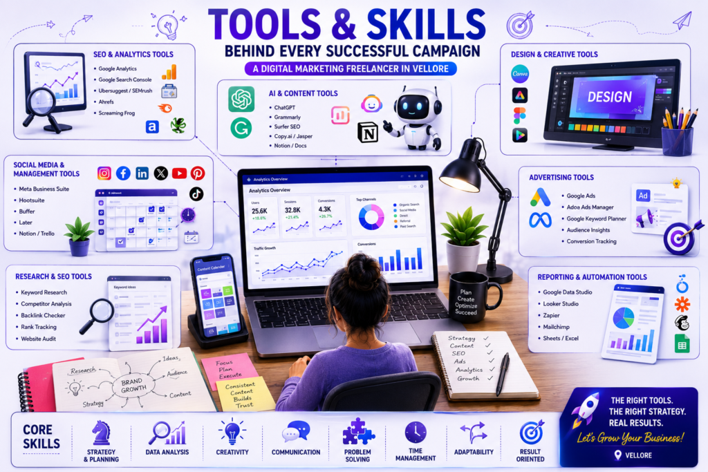 AI and SEO tools used by digital marketing freelancer in Vellore