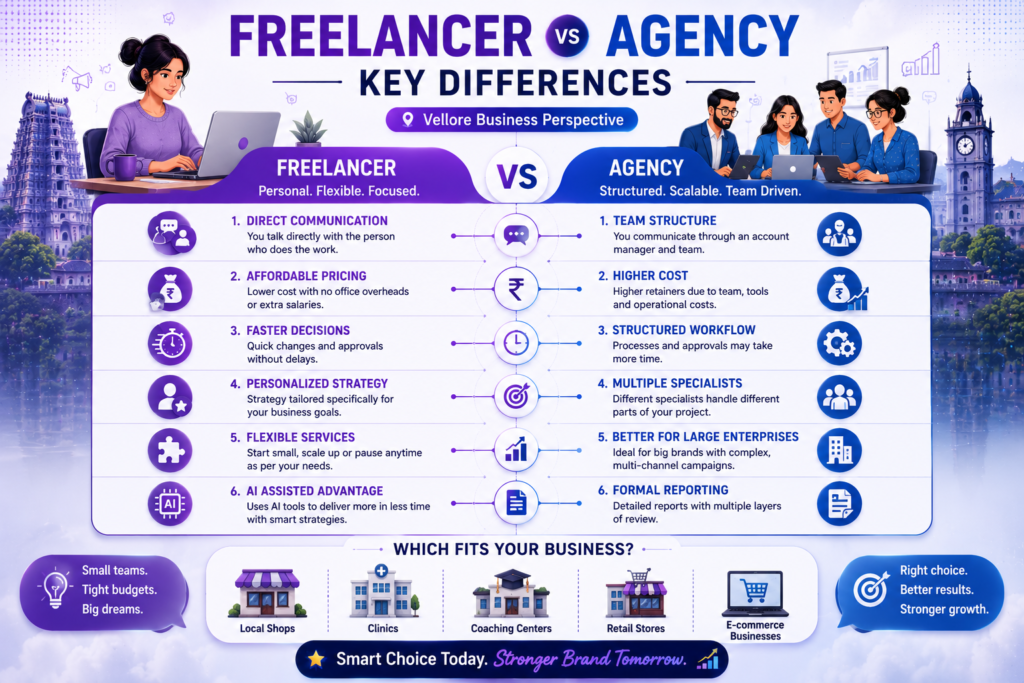 The key differences between a Digital marketing freelancer and agency from a vellore business perspective